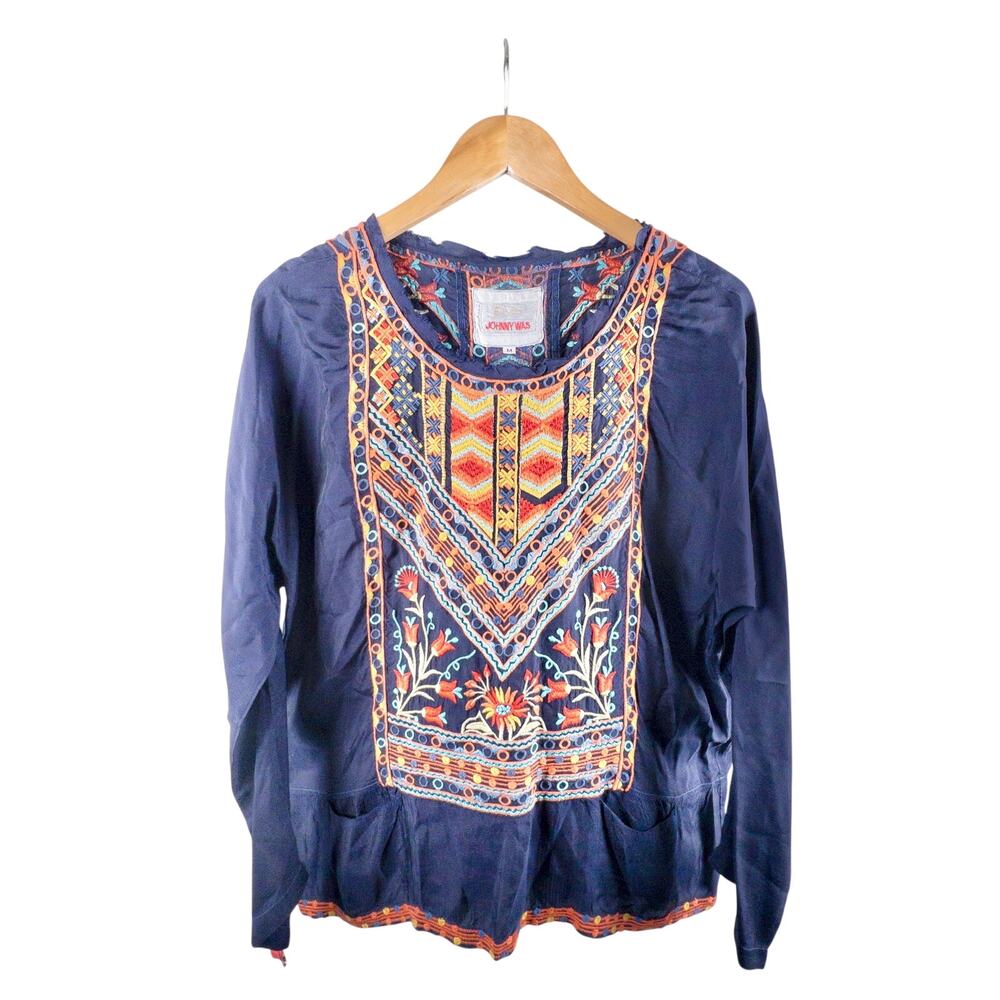 Biya Johnny Was Embroidered Tunic Top Cupra Floral Navy Boho M